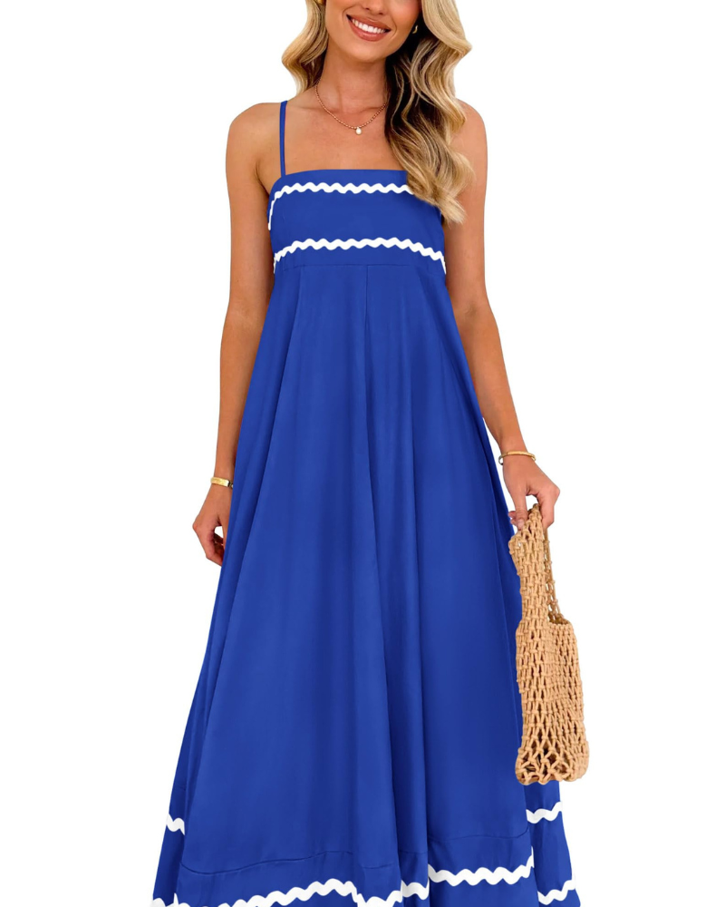 Susana Maxi Dress for Women – Thin Straps, Square Neck, Flowing A-Line Cut & Ruffles with Pockets Summer