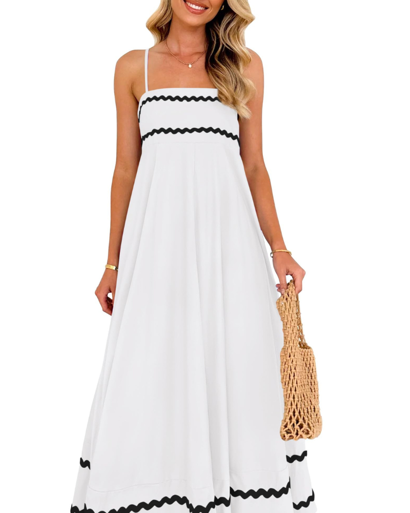 Susana Maxi Dress for Women – Thin Straps, Square Neck, Flowing A-Line Cut & Ruffles with Pockets Summer