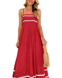 Susana Maxi Dress for Women – Thin Straps, Square Neck, Flowing A-Line Cut & Ruffles with Pockets Summer