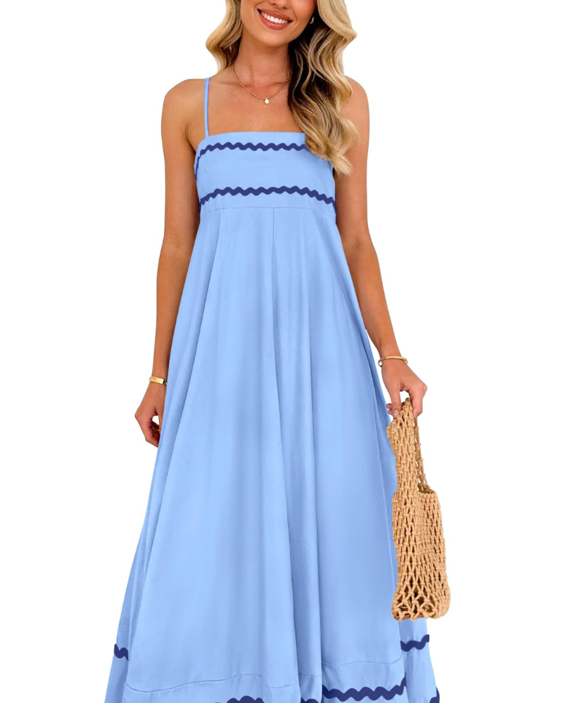 Susana Maxi Dress for Women – Thin Straps, Square Neck, Flowing A-Line Cut & Ruffles with Pockets Summer