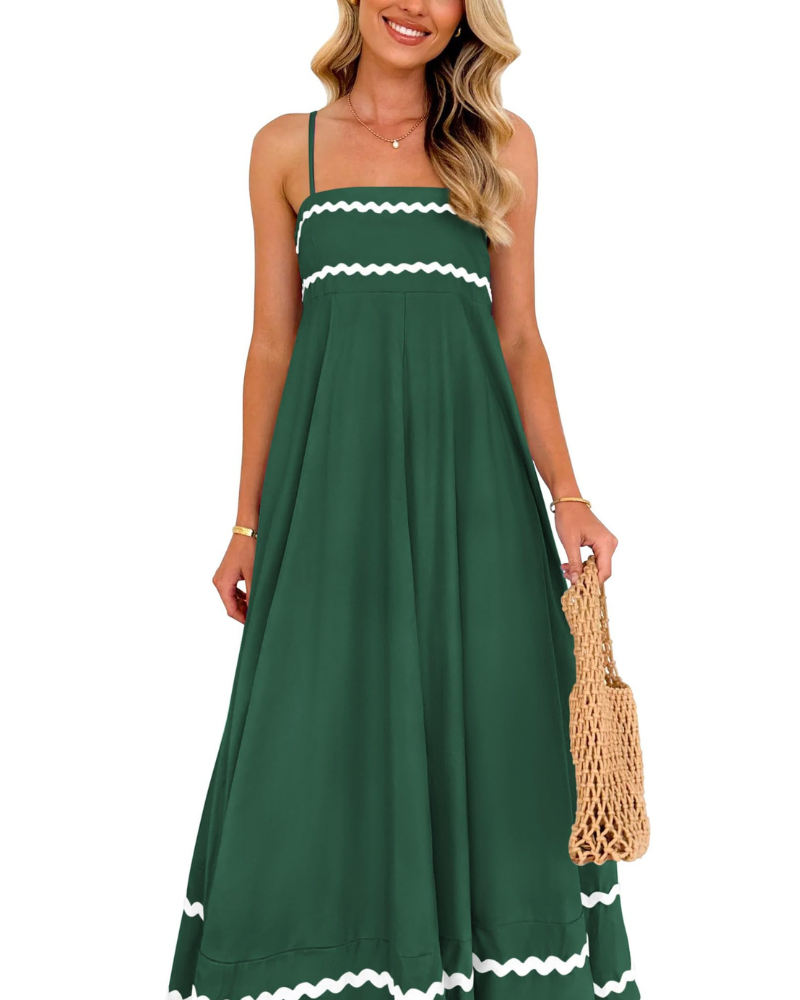 Susana Maxi Dress for Women – Thin Straps, Square Neck, Flowing A-Line Cut & Ruffles with Pockets Summer