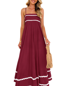 Susana Maxi Dress for Women – Thin Straps, Square Neck, Flowing A-Line Cut & Ruffles with Pockets Summer