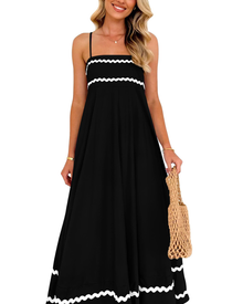 Susana Maxi Dress for Women – Thin Straps, Square Neck, Flowing A-Line Cut & Ruffles with Pockets Summer