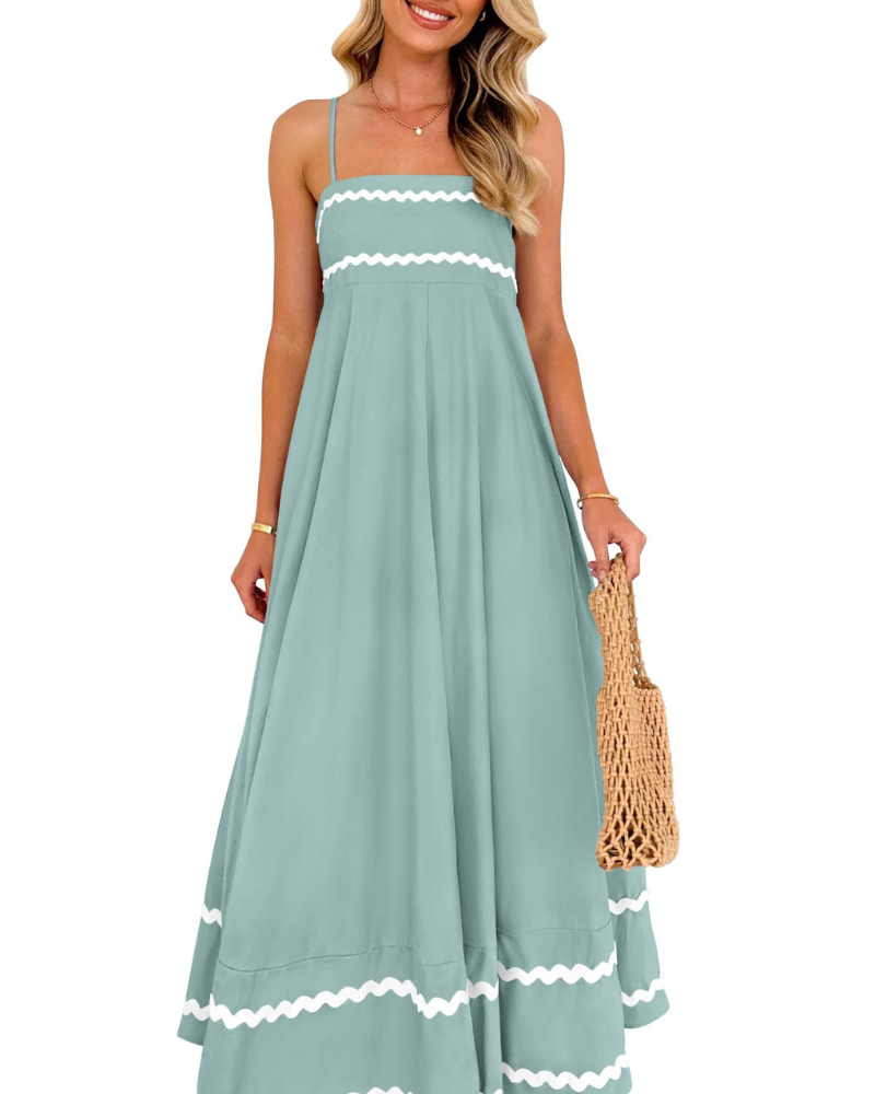 Susana Maxi Dress for Women – Thin Straps, Square Neck, Flowing A-Line Cut & Ruffles with Pockets Summer