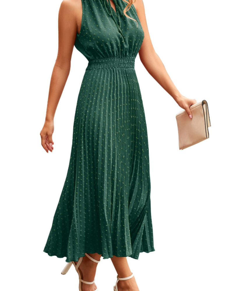 Vina Women's Dress – Midi Dress with V-Neck, Swiss Dot, Ruffles, Sleeveless, High Waist, Summer
