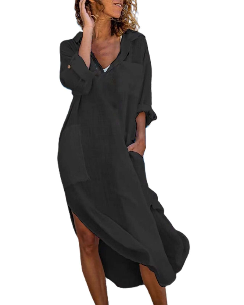 Genesa Women's Shirt Dress – Long Buttoned Cotton Linen Dress, Loose Fit & Casual Style