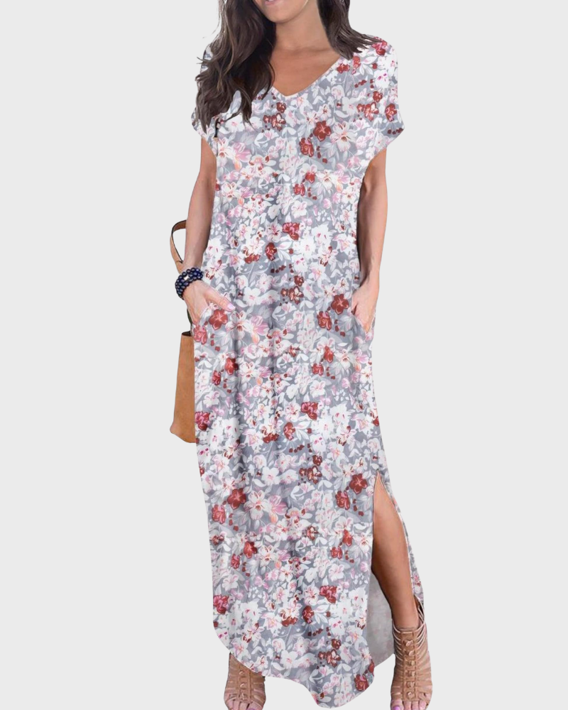 Rosenda Women's Maxi Dress – V-Neck, Short Sleeves, Flowing Fit & Slit with Pockets Summer