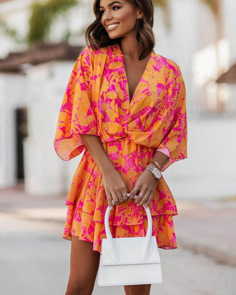 Rina Short Dress for Women – Floral V-Neck Dress, Long Sleeves & Light Style