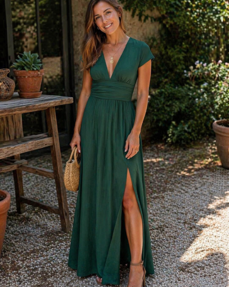 Bertha Long Dress for Women – Summer Dress with V-Neck, High Waist, Elegant & Flowing A-Line Cut
