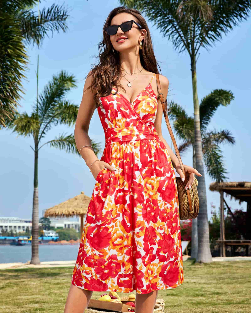 Verna Midi Dress for Women – Floral V-Neck Dress with Thin Straps, A-Line Cut, and Pockets