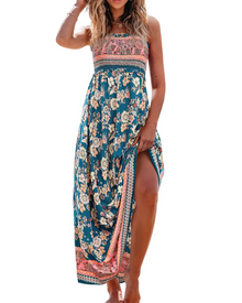 Jheda Long Dress for Women – Floral Maxi Dress with Smocked Bodice, Thin Straps, Ruffles, Bohemian Chic Summer Style