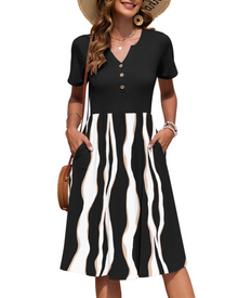 Ester Women's Dress – Mid-Length Summer Dress with V-Neck, Short Sleeves, Buttoned, Empire Waist, Pockets