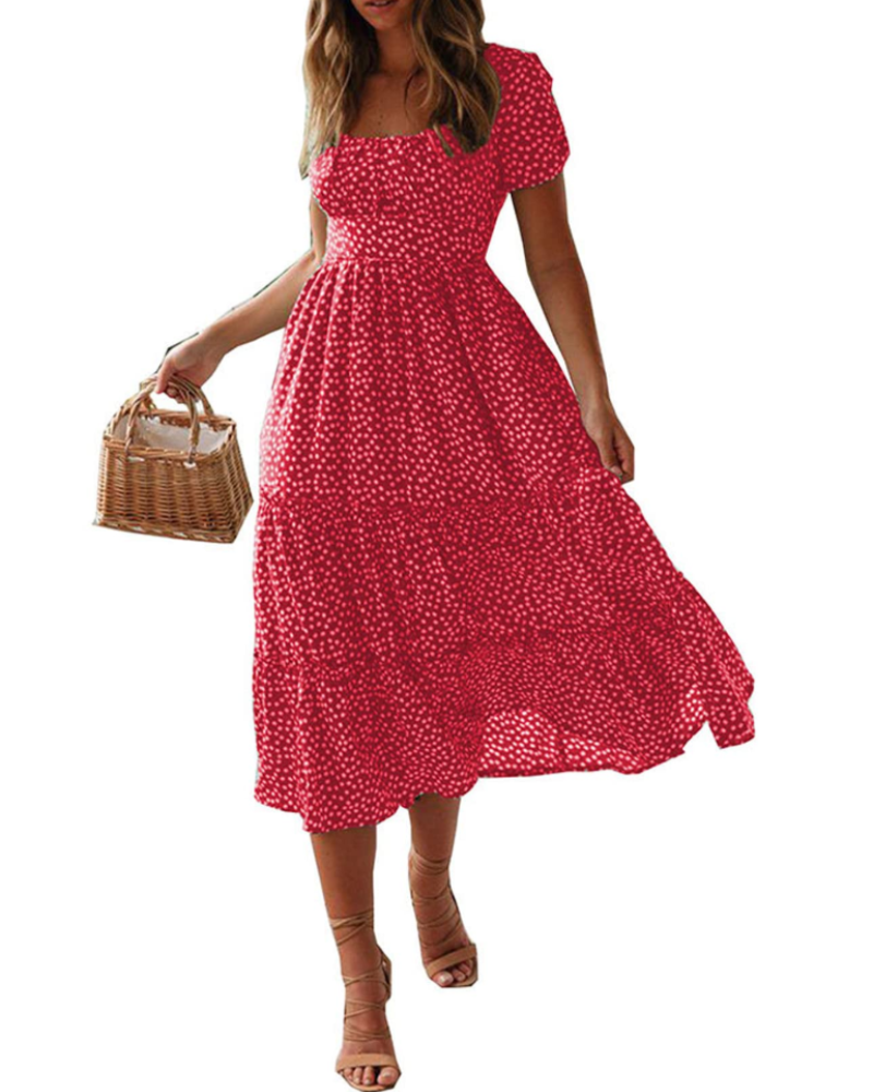 Agnes Women's Beach Dress – Floral Dress with Square Neck, Short Sleeves & Summer Style