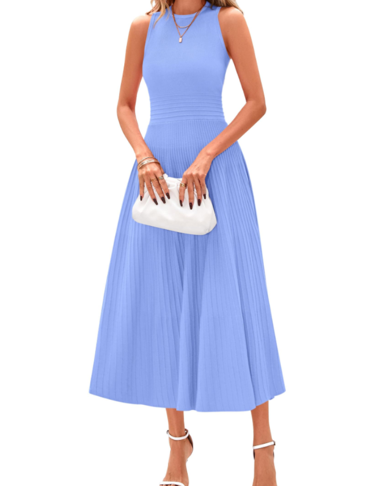 Blare Women's Dress – Elegant High-Waisted Sleeveless Pleated A-Line Midi Dress for Office