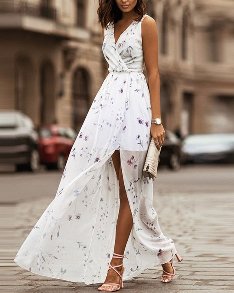 Georgia Maxi Dress for Women – Floral V-Neck Sleeveless Dress, Elegant Slit & Flowing Fit