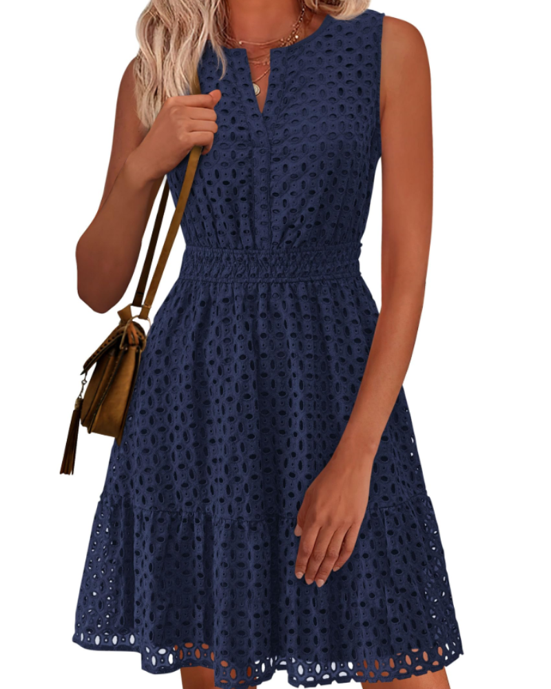 Clarisse Women's Dress – Summer A-Line Dress with V-Neck, Sleeveless, English Embroidery, Elastic Waist