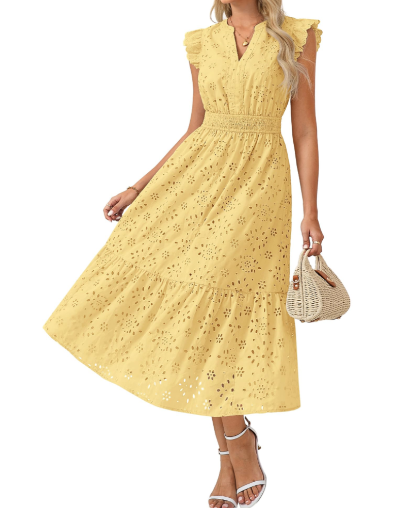 Fella Midi Dress for Women – Henley V-Neck Dress, Flared Sleeves & Smocked Waist
