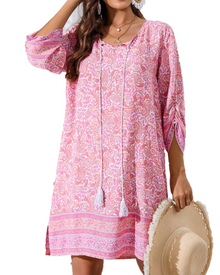 Cella Bohemian Dress for Women – Floral Tunic Dress with V-Neck, 3/4 Sleeves & Flowing Fit