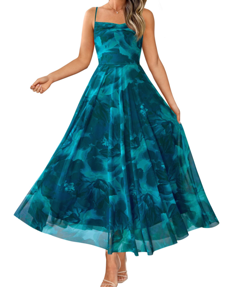 Denise Women's Dress – Floral Maxi Dress with Thin Straps, Draped Neckline, Elegant A-Line Cut