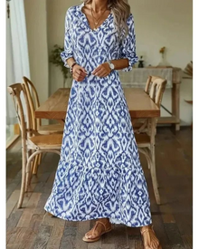 Macrina Summer Dress for Women – Flowing V-Neck Dress, A-Line Cut & Rolled-Up Sleeves