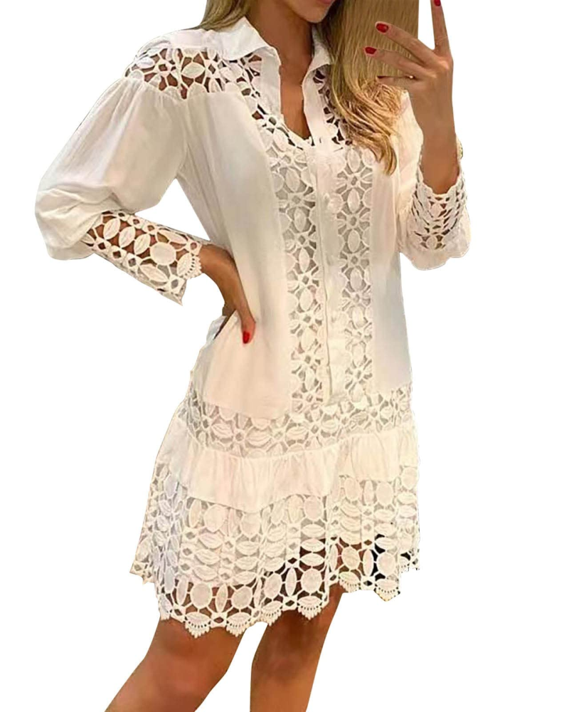 Laura Long Dress for Women – Maxi Dress with V-Neck, Ruffles, Jacquard Lace, Pockets & Integrated Shorts