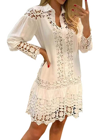Laura Long Dress for Women – Maxi Dress with V-Neck, Ruffles, Jacquard Lace, Pockets & Integrated Shorts