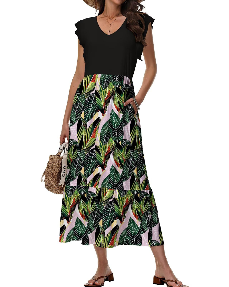 Mélanie Women's Midi Dress – Floral V-Neck Dress with Pockets, Elegant & Comfortable Fit