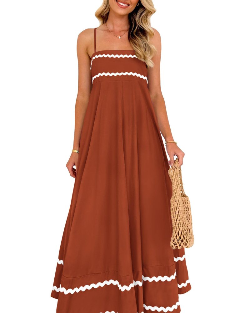 Susana Maxi Dress for Women – Thin Straps, Square Neck, Flowing A-Line Cut & Ruffles with Pockets Summer