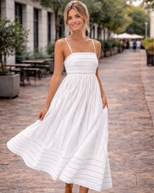 Reina Maxi Dress for Women – Square Neck, Thin Straps, Stripes, A-Line Cut & Smocked Back with Pockets