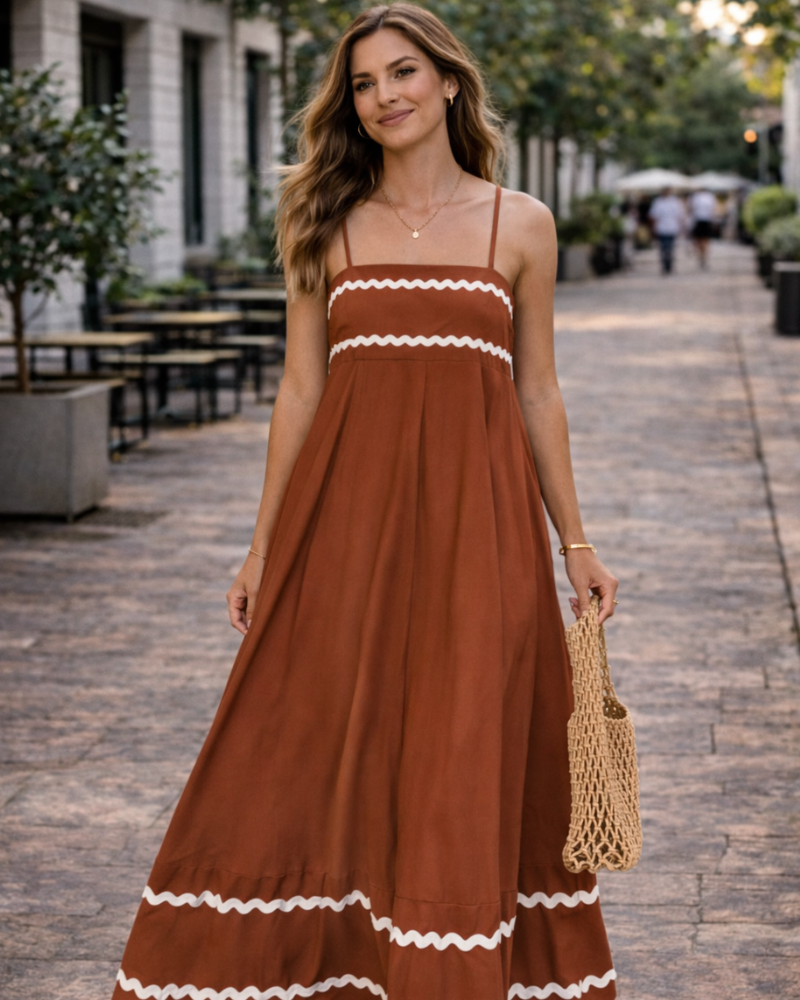 Susana Maxi Dress for Women – Thin Straps, Square Neck, Flowing A-Line Cut & Ruffles with Pockets Summer