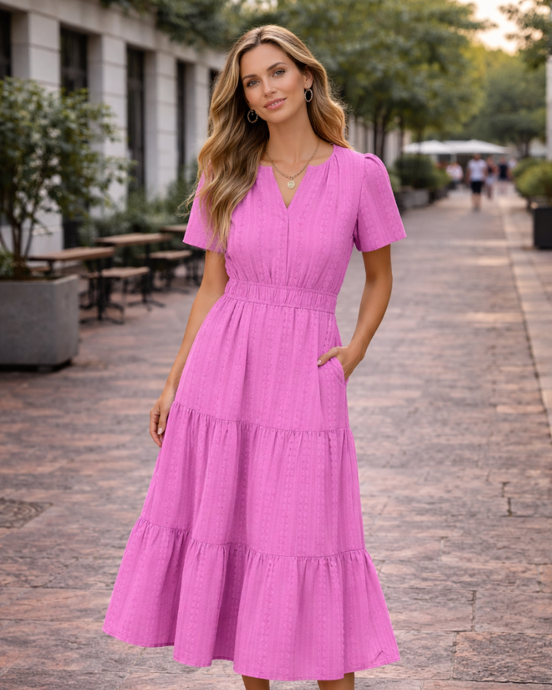 Ruma Women's Dress – V-Neck Short Sleeves, A-Line Maxi Cut & Elastic Waist with Pockets