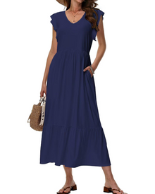 Mélanie Women's Midi Dress – Floral V-Neck Dress with Pockets, Elegant & Comfortable Fit