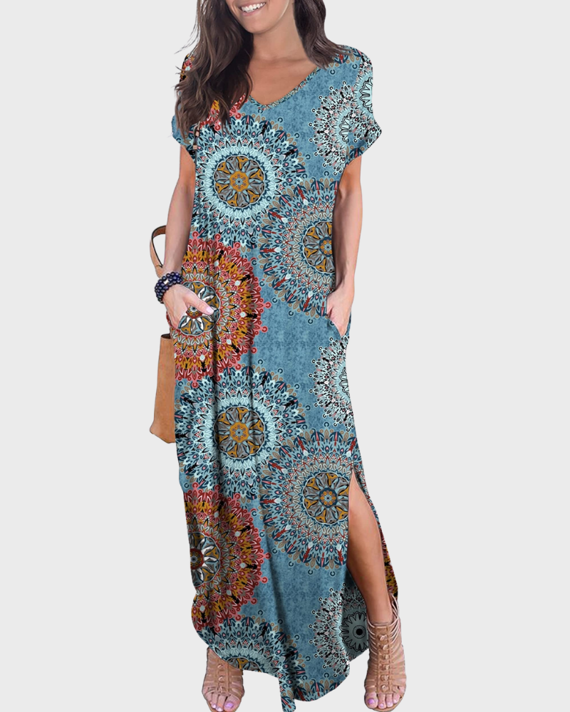 Rosenda Women's Maxi Dress – V-Neck, Short Sleeves, Flowing Fit & Slit with Pockets Summer