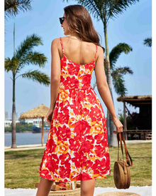 Verna Midi Dress for Women – Floral V-Neck Dress with Thin Straps, A-Line Cut, and Pockets