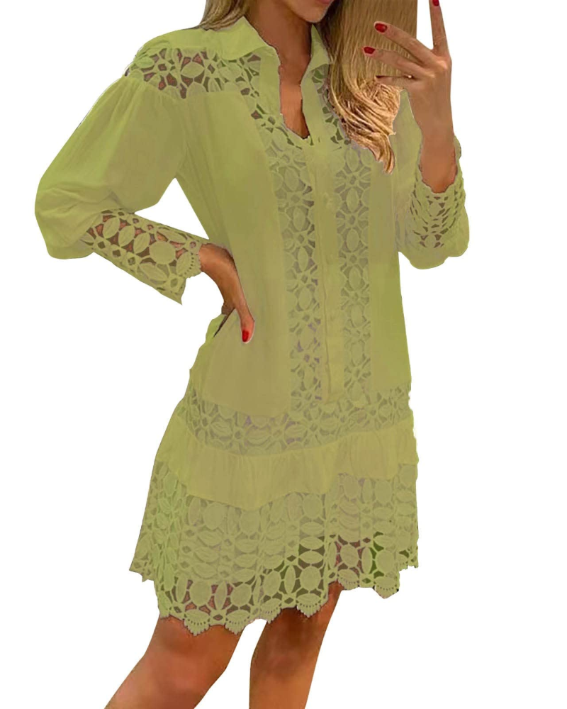 Laura Long Dress for Women – Maxi Dress with V-Neck, Ruffles, Jacquard Lace, Pockets & Integrated Shorts