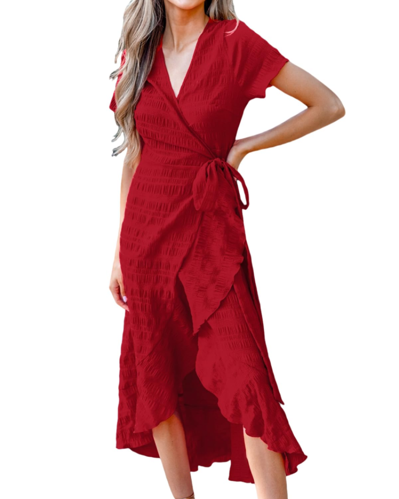 Lionie Women's Dress – Long Floral Wrap Dress with V-Neck, Short Sleeves, Ruffles, and Adjustable Waist
