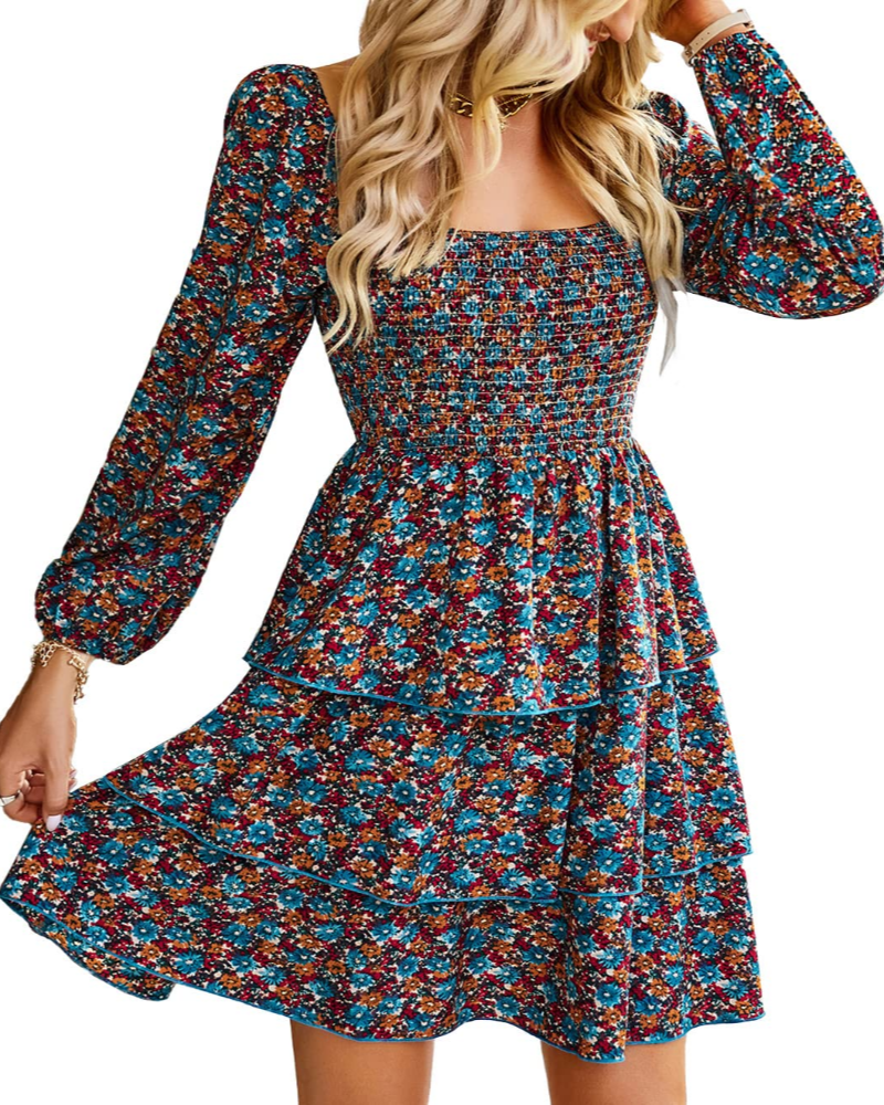Léa Women's Dress – Bohemian Mini Dress with Square Neck, Smocked High Waist, Long Sleeves, and Ruffles