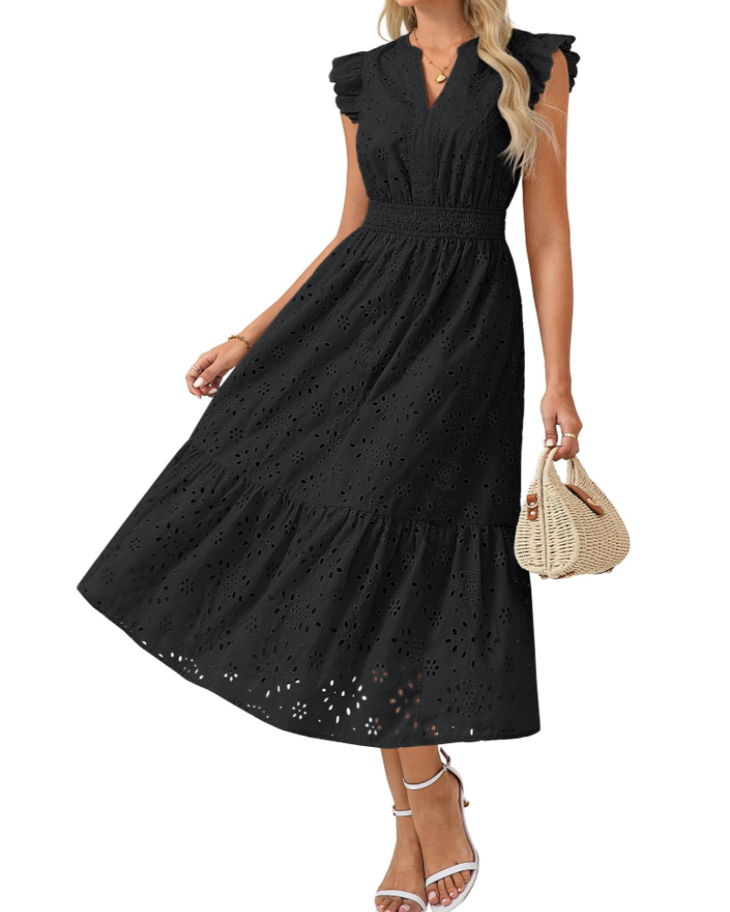 Fella Midi Dress for Women – Henley V-Neck Dress, Flared Sleeves & Smocked Waist