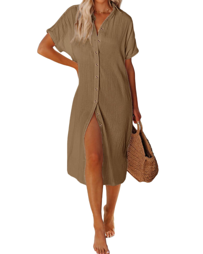 Weng Women's Beach Robe – Cotton V-Neck Buttoned Tunic, Long and Breathable Cut