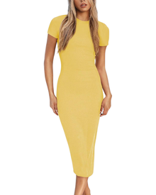 Brena Women's Dress – Bodycon Midi with Round Neck, Short Sleeves & Elegant Fitted Cut