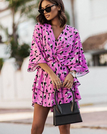 Rina Short Dress for Women – Floral V-Neck Dress, Long Sleeves & Light Style