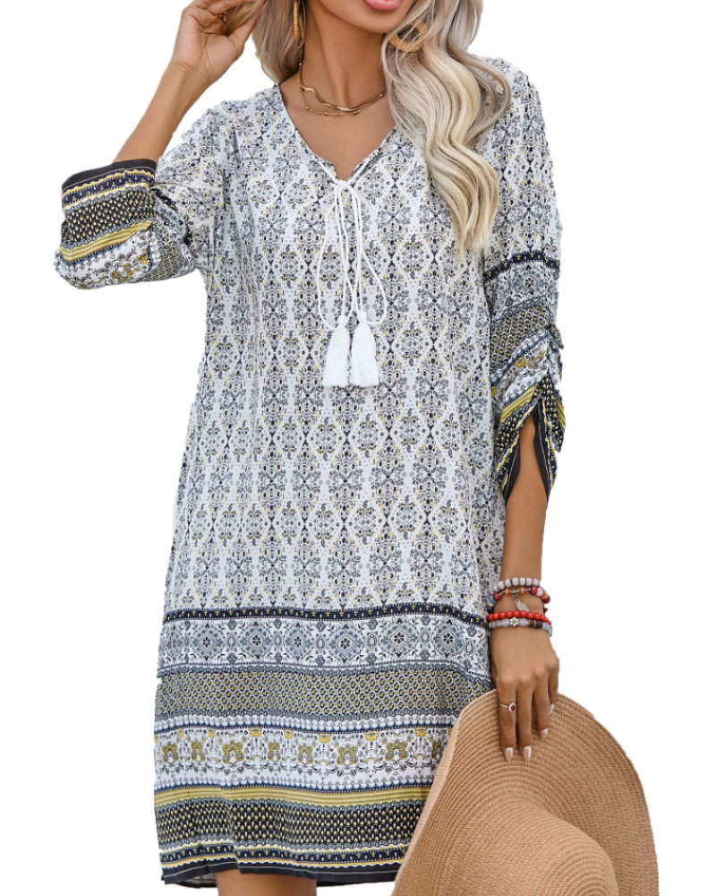 Cella Bohemian Dress for Women – Floral Tunic Dress with V-Neck, 3/4 Sleeves & Flowing Fit