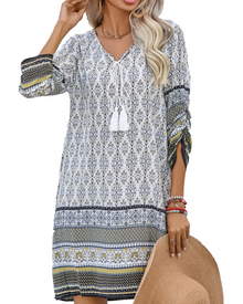 Cella Bohemian Dress for Women – Floral Tunic Dress with V-Neck, 3/4 Sleeves & Flowing Fit