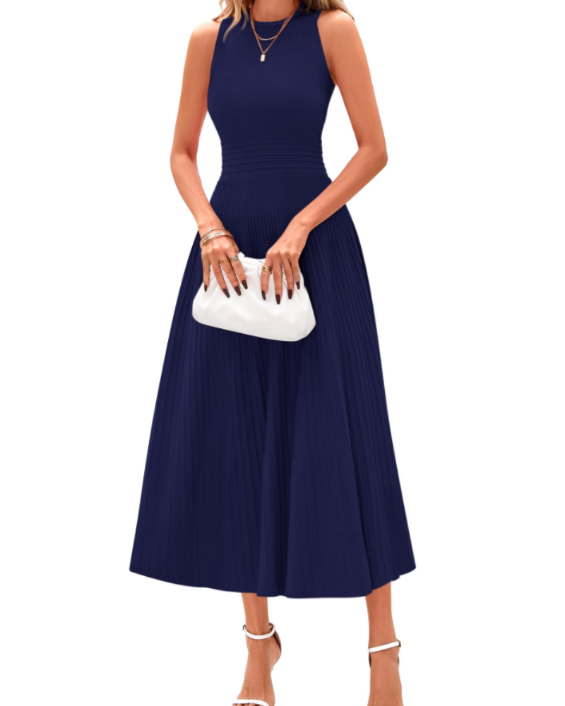 Blare Women's Dress – Elegant High-Waisted Sleeveless Pleated A-Line Midi Dress for Office