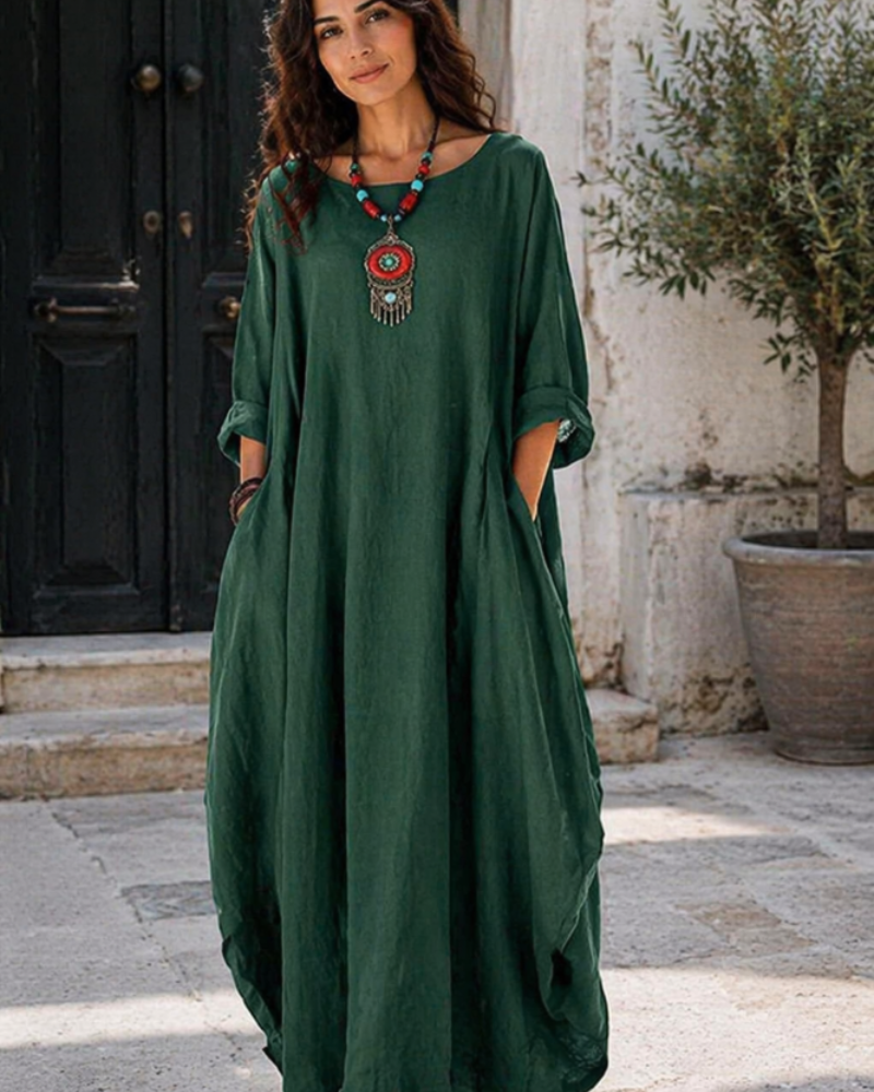 Sandy Long Dress for Women – Maxi Cotton-Linen Dress, Loose Fit, Round Neck, 3/4 Sleeves, Elegant