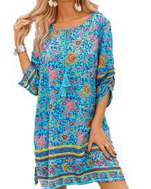 Cella Bohemian Dress for Women – Floral Tunic Dress with V-Neck, 3/4 Sleeves & Flowing Fit