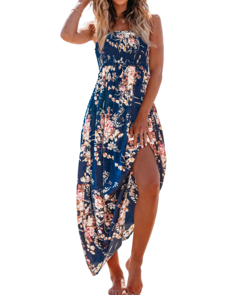 Jheda Long Dress for Women – Floral Maxi Dress with Smocked Bodice, Thin Straps, Ruffles, Bohemian Chic Summer Style