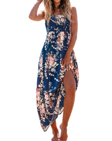 Jheda Long Dress for Women – Floral Maxi Dress with Smocked Bodice, Thin Straps, Ruffles, Bohemian Chic Summer Style