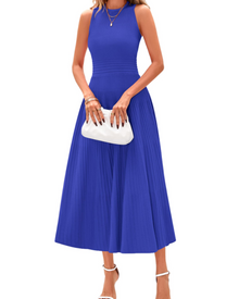 Blare Women's Dress – Elegant High-Waisted Sleeveless Pleated A-Line Midi Dress for Office