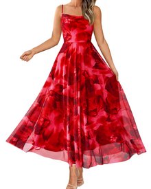 Denise Women's Dress – Floral Maxi Dress with Thin Straps, Draped Neckline, Elegant A-Line Cut